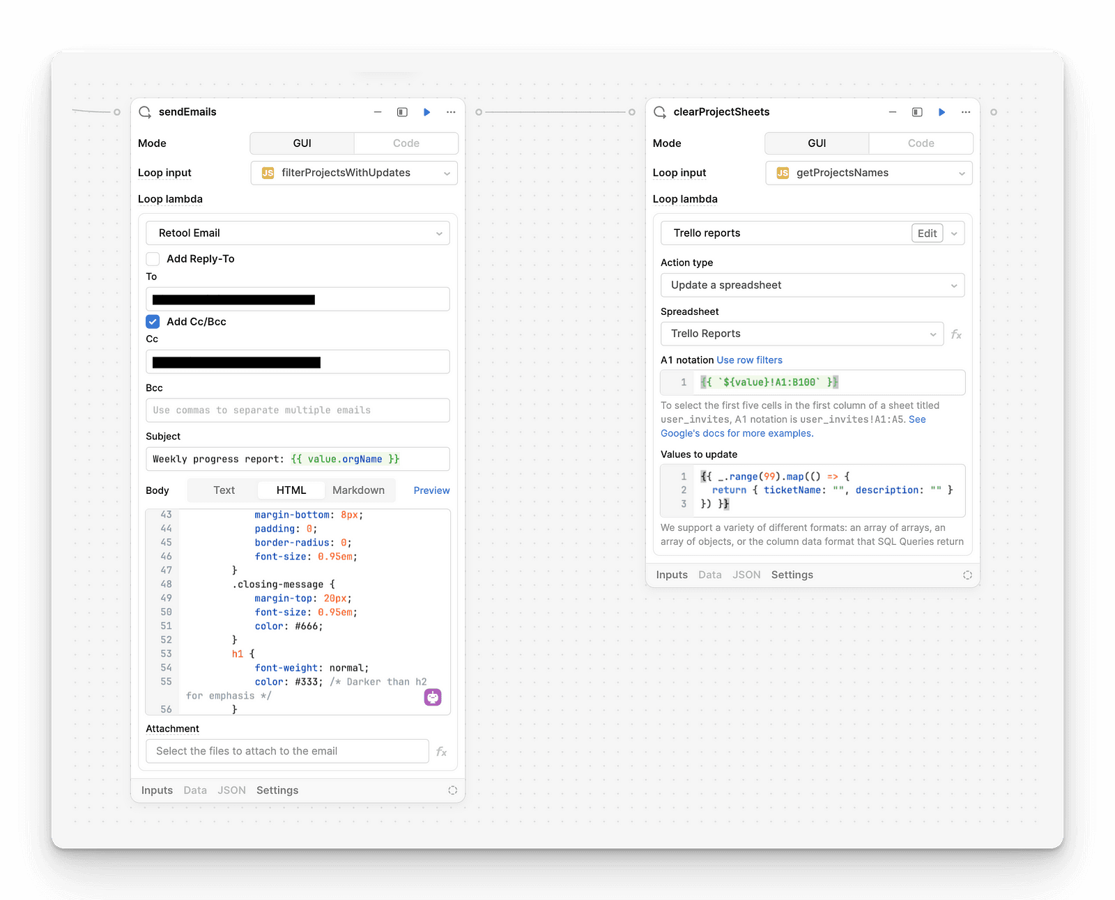 Retool Workflow email step configuration within project loop