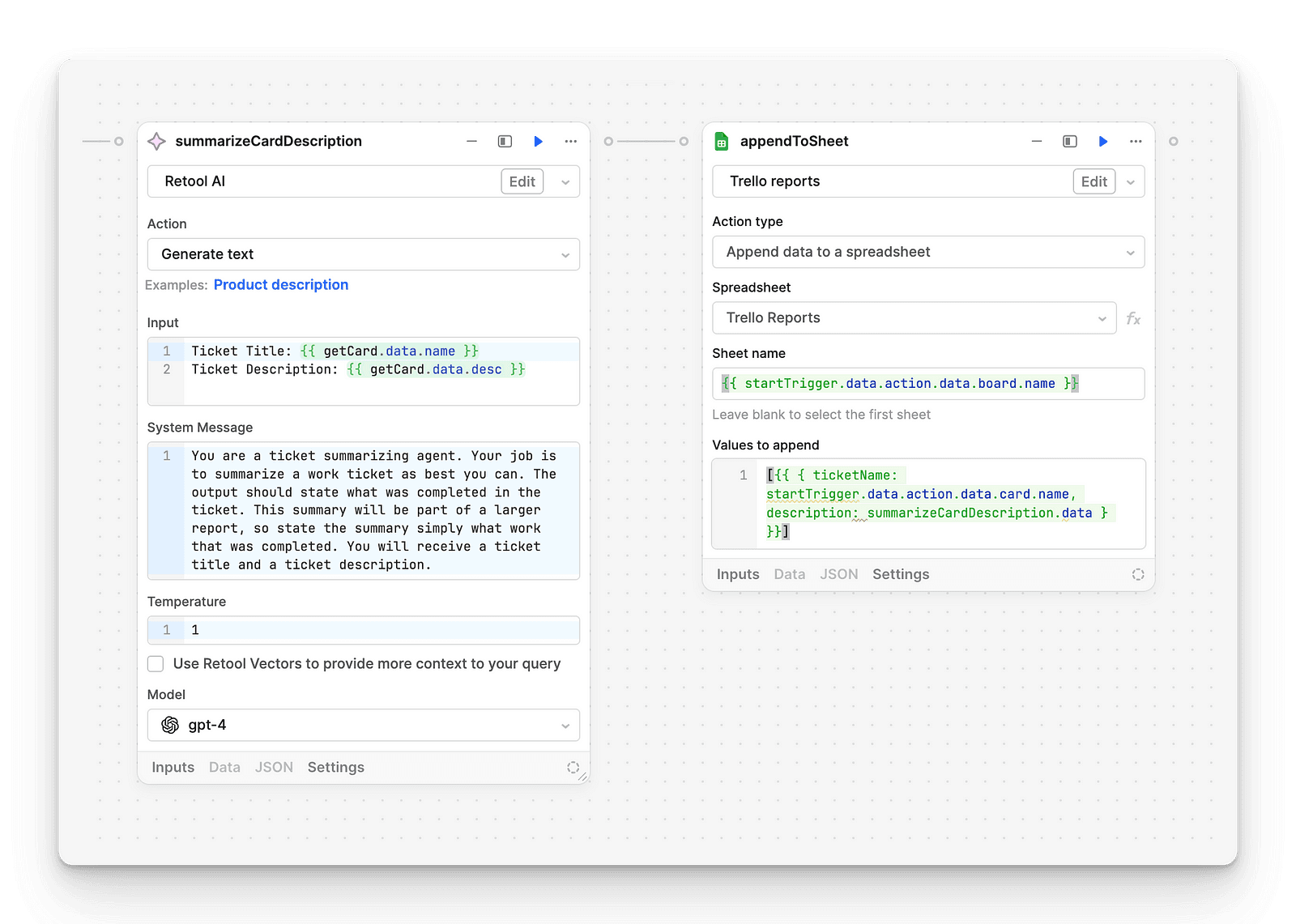 Retool Workflow AI step showing GPT-4 card description summarization